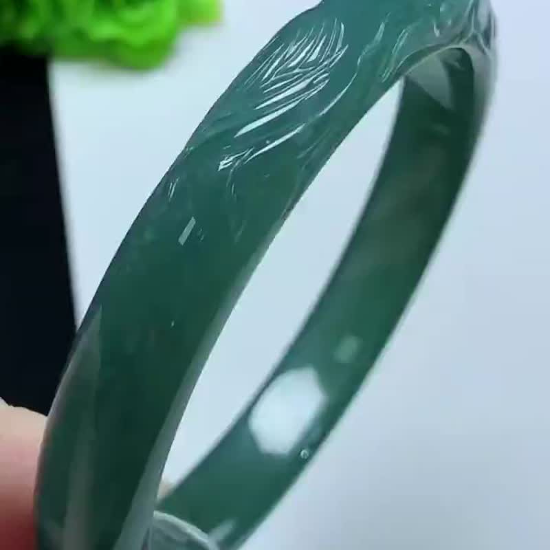 冰种 天然翡翠 缅甸 A玉 玉镯 • 冰种翡翠雕花镯 - 手链/手环 - 玉石 蓝色