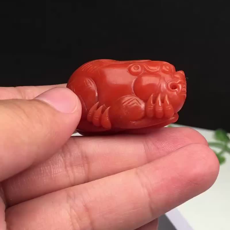 精品保山南红雕刻吊坠貔貅 满色满肉柿子红 胶质感强 - 吊饰 - 水晶 