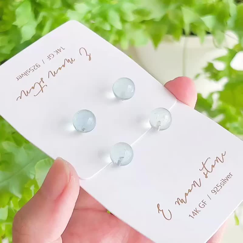 日常配戴蓝色光泽 /  苏打汽水 海蓝宝泡泡球耳针 14K 注金 - 耳环/耳夹 - 半宝石 蓝色