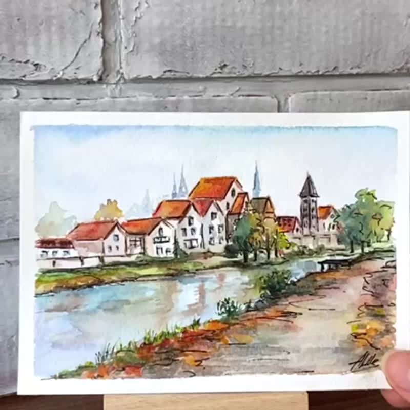 城镇绘画水彩画原创艺术河风景 - 海报/装饰画/版画 - 纸 多色