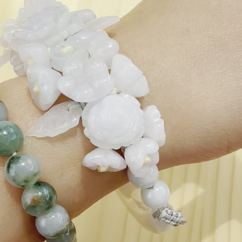手工玉石手镯 - 繁花盛开曲线 - 手链/手环 - 玉石 白色