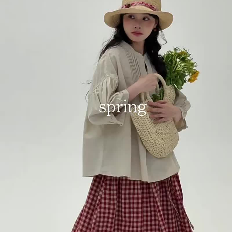 米色 風琴褶復古短袖襯衫 日系文藝甜美七分袖襯襯衣 寬松上衣 - 女装衬衫 - 棉 卡其色