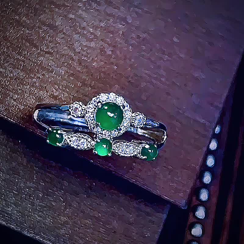 |宫廷蕾丝|A货翡翠老坑种冰玻绿蛋4mm纯银镀18k多颗双层戒指 - 戒指 - 玉石 