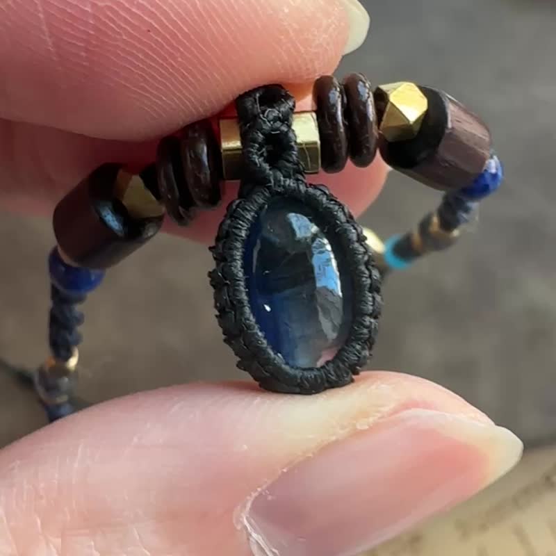 N1199 民族风 蜡线编织 蓝晶石 铜珠 颈链 (可调长度) - 项链 - 宝石 咖啡色