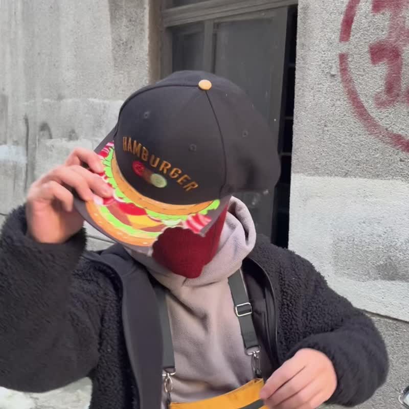 原创hamburger一口汉堡创意国潮黑搞怪创意防晒大头可调节鸭舌棒 - 帽子 - 其他材质 黑色