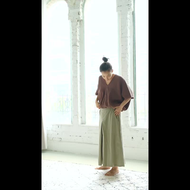 OMAKE 侧拉链八分宽裤裙 / 菱纹布 卡其绿 - 女装长裤 - 棉．麻 绿色
