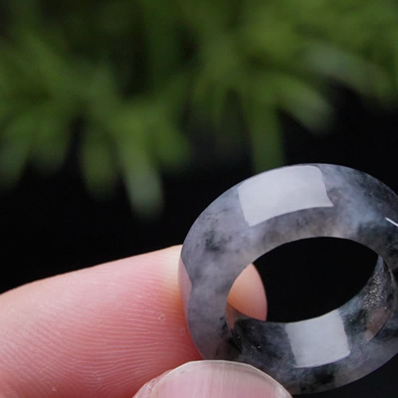 冰乌鸡翡翠角戒戒指戒圈 | 国际10围 | 天然缅甸玉翡翠A货 | 送礼 - 戒指 - 玉石 黑色