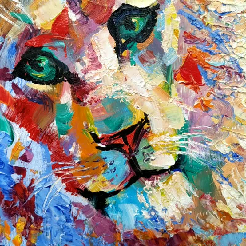 Lion Painting Wild Animal Original Art Oil Impasto 油畫原作 Wall Art Impressionism - 海报/装饰画/版画 - 木头 多色