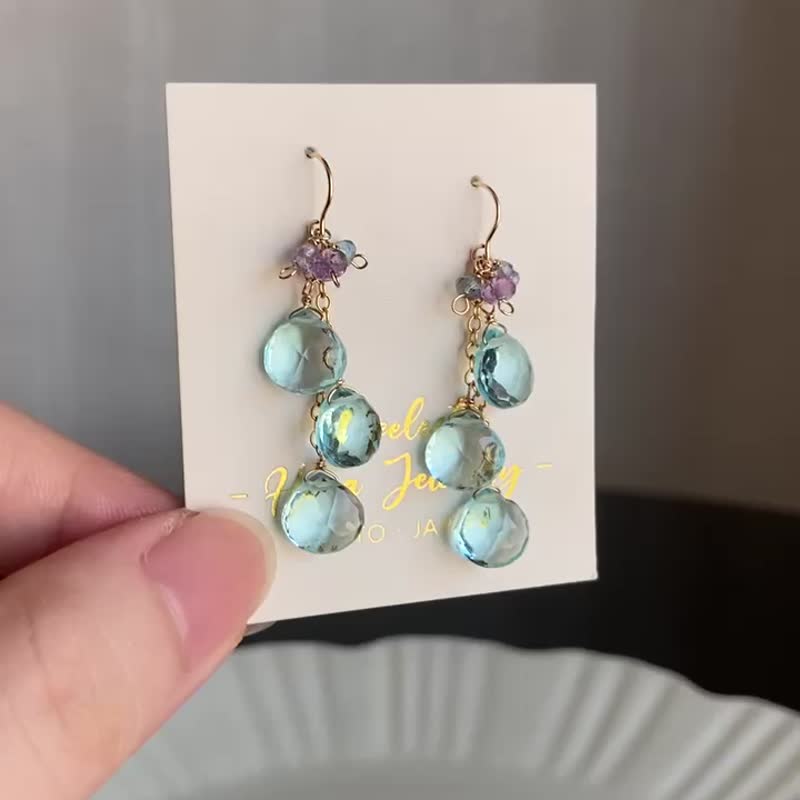 June Bride 蓝色流苏耳环 14KGF 清新优雅 日常百搭 / 耳夹 - 耳环/耳夹 - 宝石 蓝色