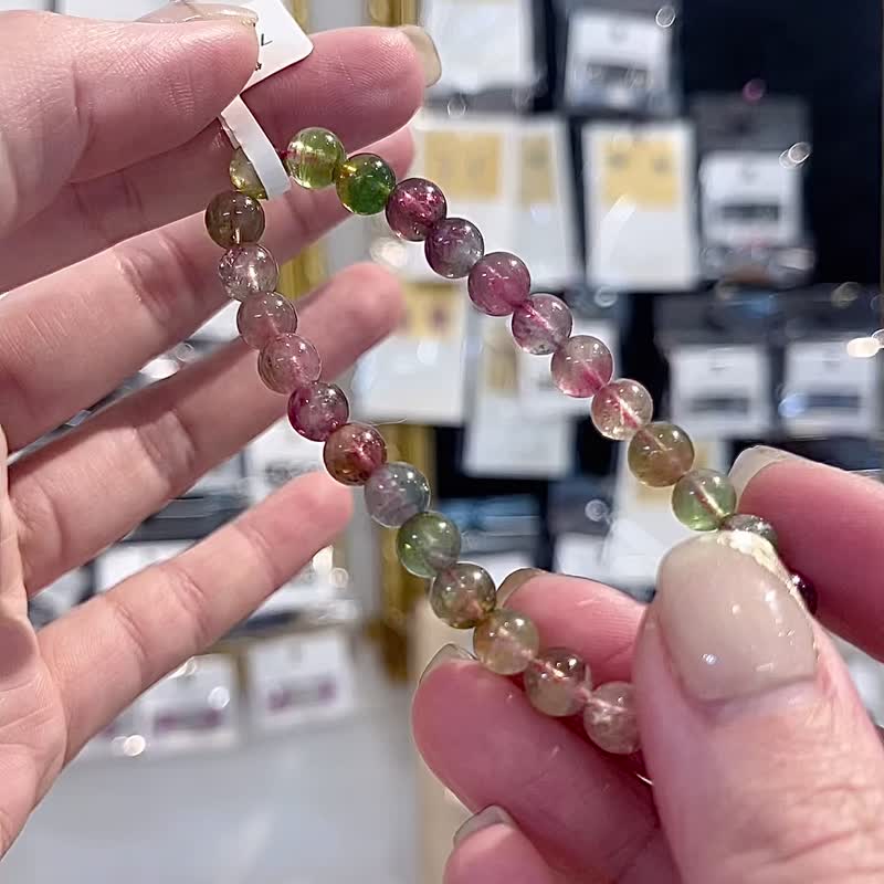 天然双色碧玺西瓜碧玺7mm13.14g水晶手链高频率多功能能量磁场 - 手链/手环 - 水晶 多色