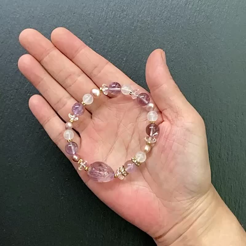 紫水晶 蓝针白水晶// 淡水珍珠//渐层萤石龙龟 黄铜手链 招财智慧 - 手链/手环 - 水晶 多色