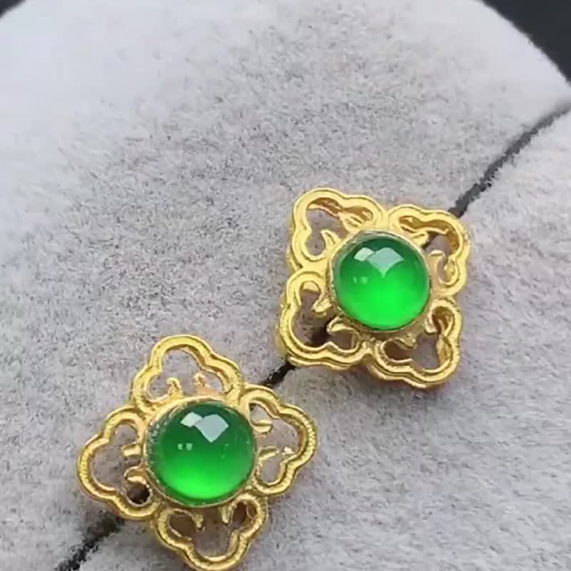 冰种翡翠 天然翡翠 A玉 耳坠 耳钉 • 18k金复古翡翠耳环 - 耳环/耳夹 - 玉石 绿色
