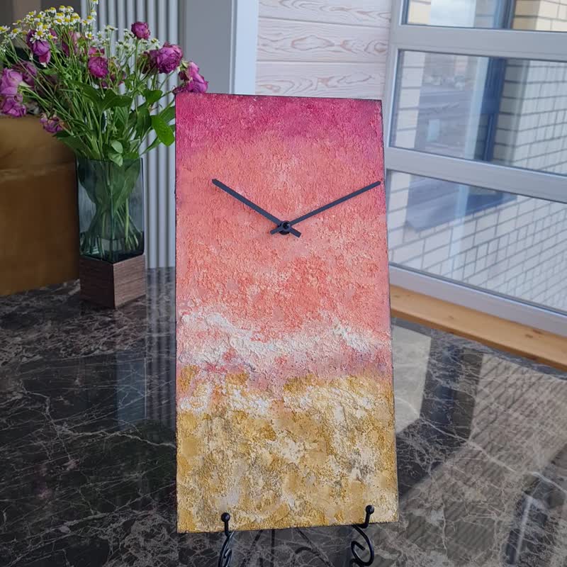 Sea wall clock Textural hand painted clock Unique coral color clock Silent clock - 时钟/闹钟 - 其他材质 粉红色