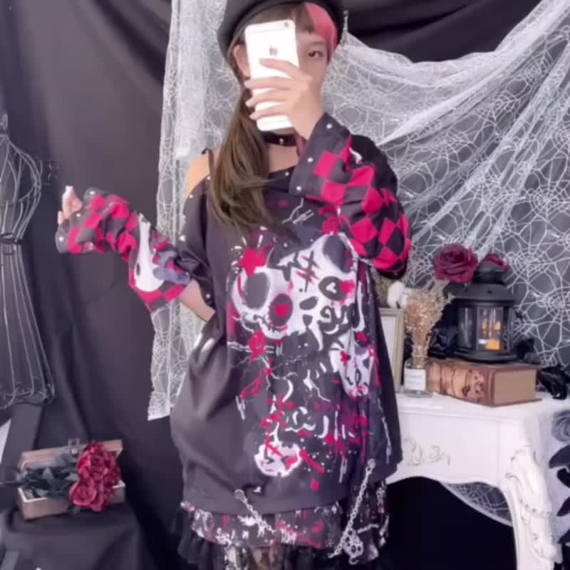 原创禁忌熊猫满版印花蕾丝花边蛋糕短裙附铁链造型袜套【JJ2441】 - 裙子 - 聚酯纤维 