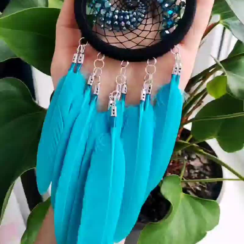 Turquoise blue small dream catcher with sparkling fractal beads, car size decor - 墙贴/壁贴 - 绣线 蓝色