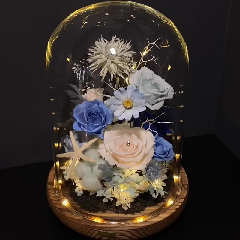 水蓝色小夜灯 永生花 玻璃盅(大) - 干燥花/捧花 - 植物．花 蓝色