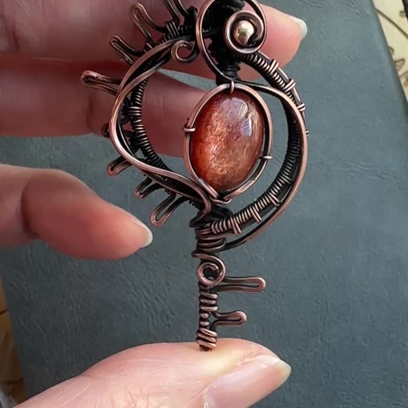 WW432 民族风 全手工编织 绕铜线 复古做旧 wire wrap 太阳石吊咀 - 项链 - 铜/黄铜 咖啡色