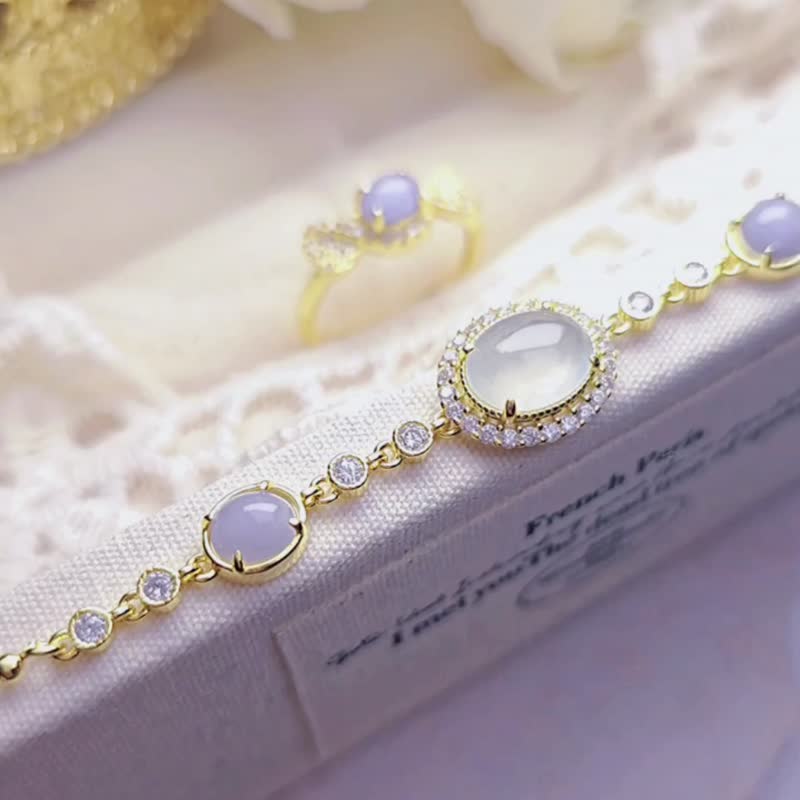 贵人•高贵|梦幻芭比紫|缅甸A货翡翠高冰白翡紫蛋面纯银精致手链 - 手链/手环 - 玉石 