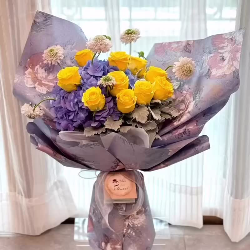 【情人节/母亲节/毕业花束】黄玫瑰绣球对比色系鲜花束Belle - 植栽/盆栽 - 植物．花 黄色