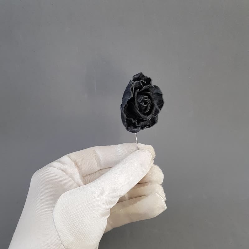 胸针男士翻领别针深蓝色玫瑰皮革胸花，男士首饰 - 胸针 - 真皮 黑色