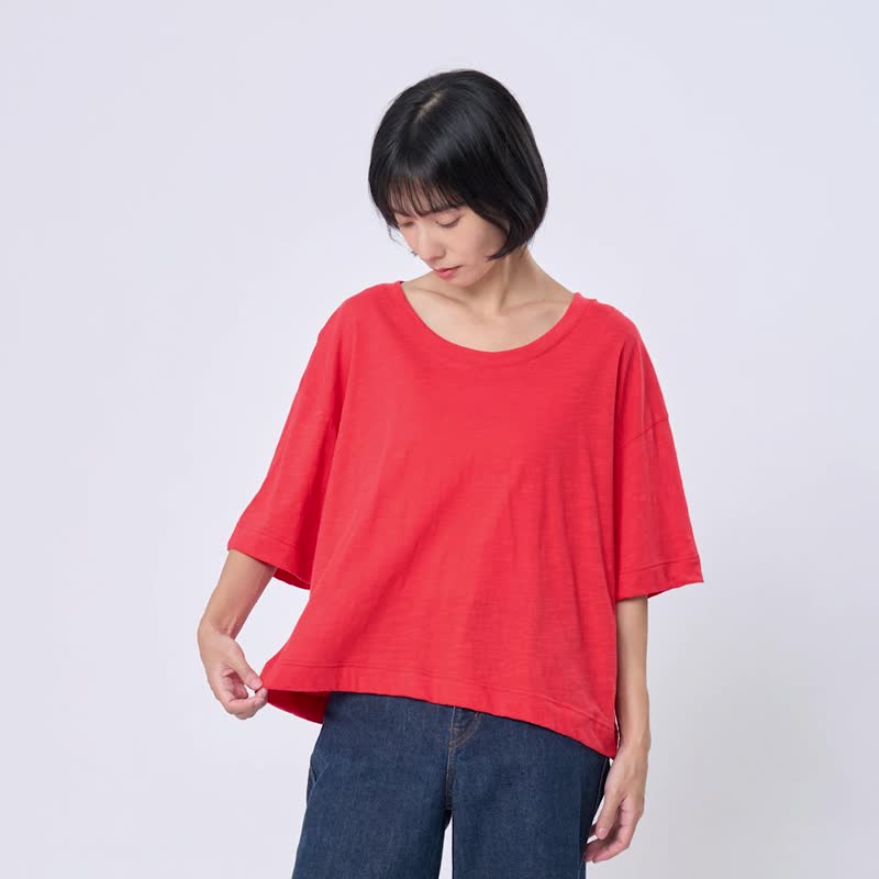 竹節棉落肩寬版上衣 - 女装 T 恤 - 棉 红色