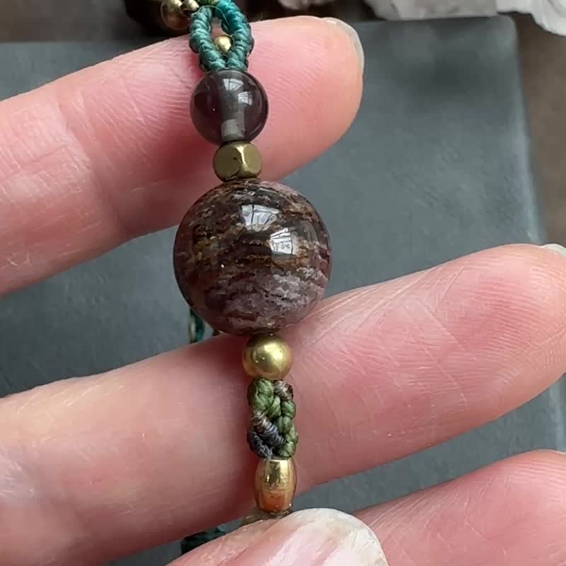 BB194 民族风 蜡线编织 幽灵水晶珠 铜珠 手环 (可调长度) - 手链/手环 - 宝石 绿色