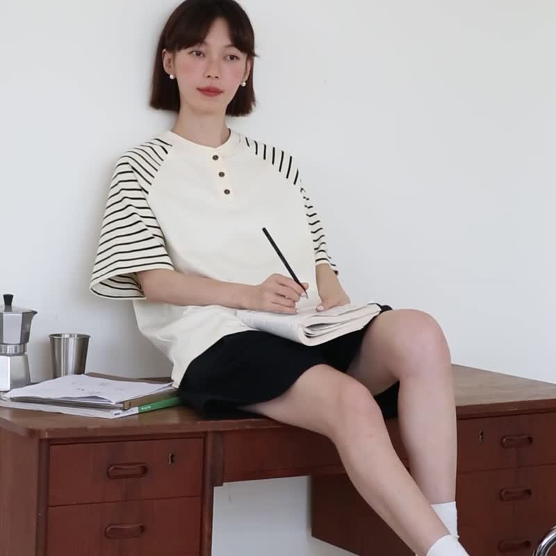 oddmaker 复古条纹插肩袖拼色t恤短袖女宽松圆领复古设计感上衣 - 女装 T 恤 - 棉 