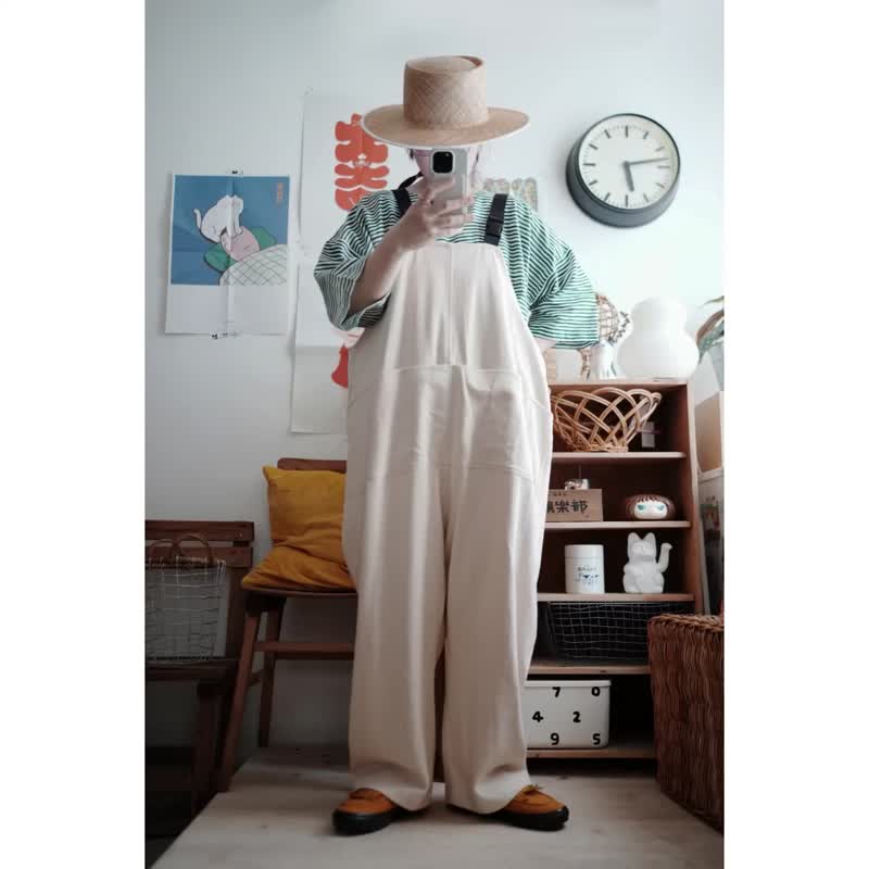 米白斜纹厚磅吊带裤 - 背带裤/连体裤 - 棉．麻 白色