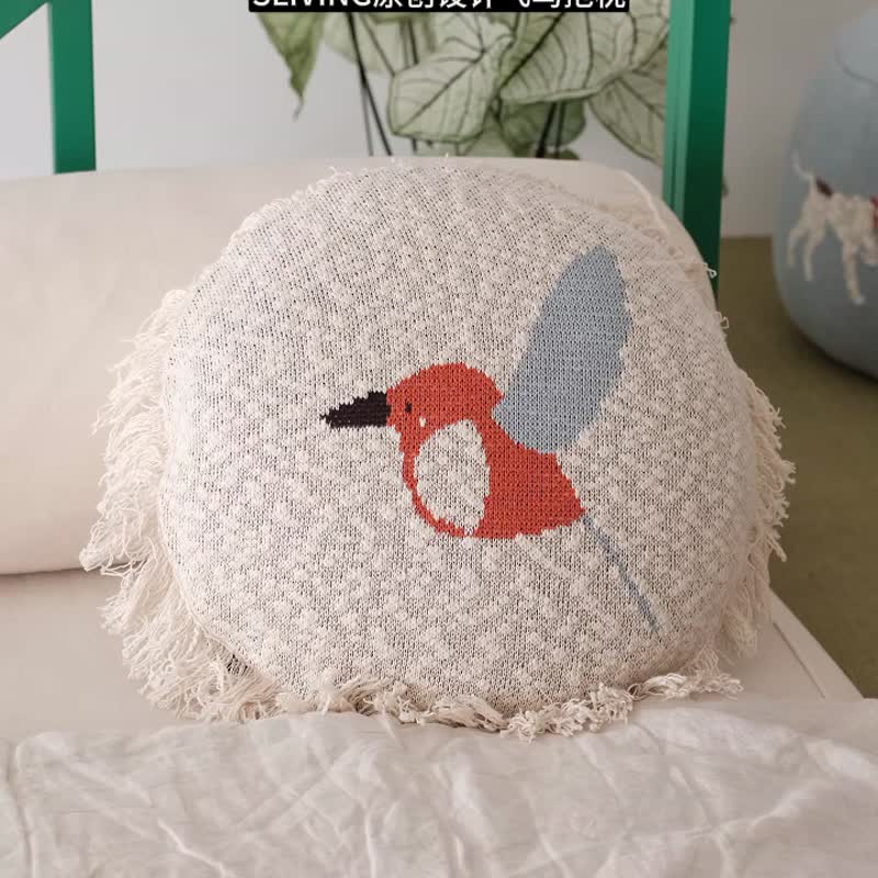 全棉提花针织飞鸟靠枕 圆形沙发靠垫儿童房装饰枕头 - 枕头/抱枕 - 棉．麻 