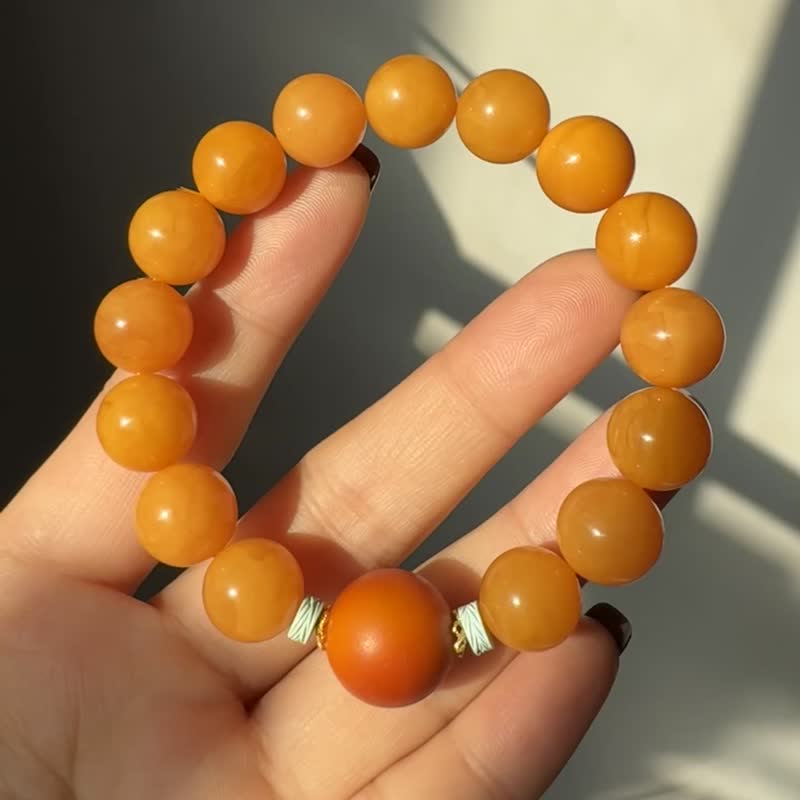 抢购价顶级天然俄料蜜糖红溶洞蜜 老花蜡鸡油红圆珠手串 - 手链/手环 - 宝石 