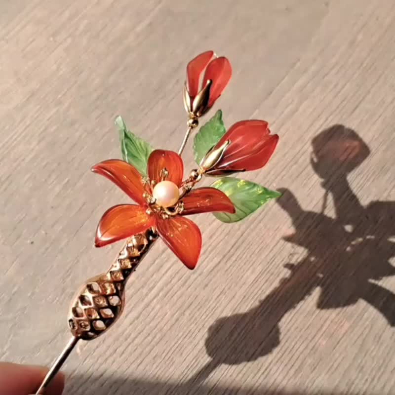 宝石琉璃花系列~【玛瑙红】孤挺花发簪 - 发饰 - 琉璃 红色