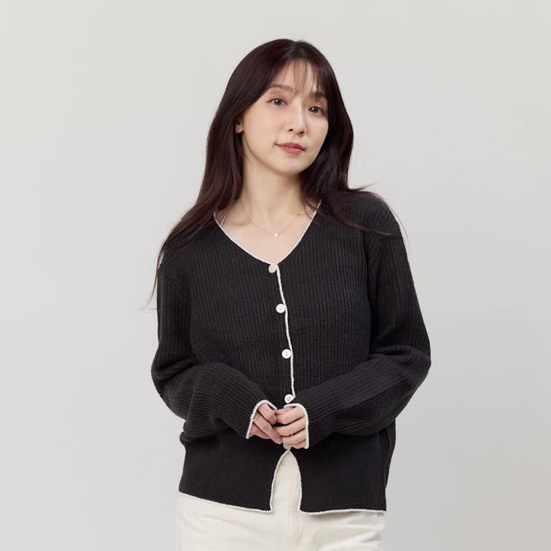 Cathy手勾邊圓領針織開襟衫外套/深灰 - 女装针织衫/毛衣 - 棉 黑色