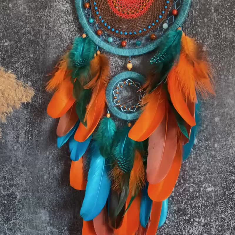 Natural  Dream Catcher Turquoise Orange | ตาข่ายดักฝันสีส้มเทอร์ควอยซ์ - 墙贴/壁贴 - 绣线 橘色