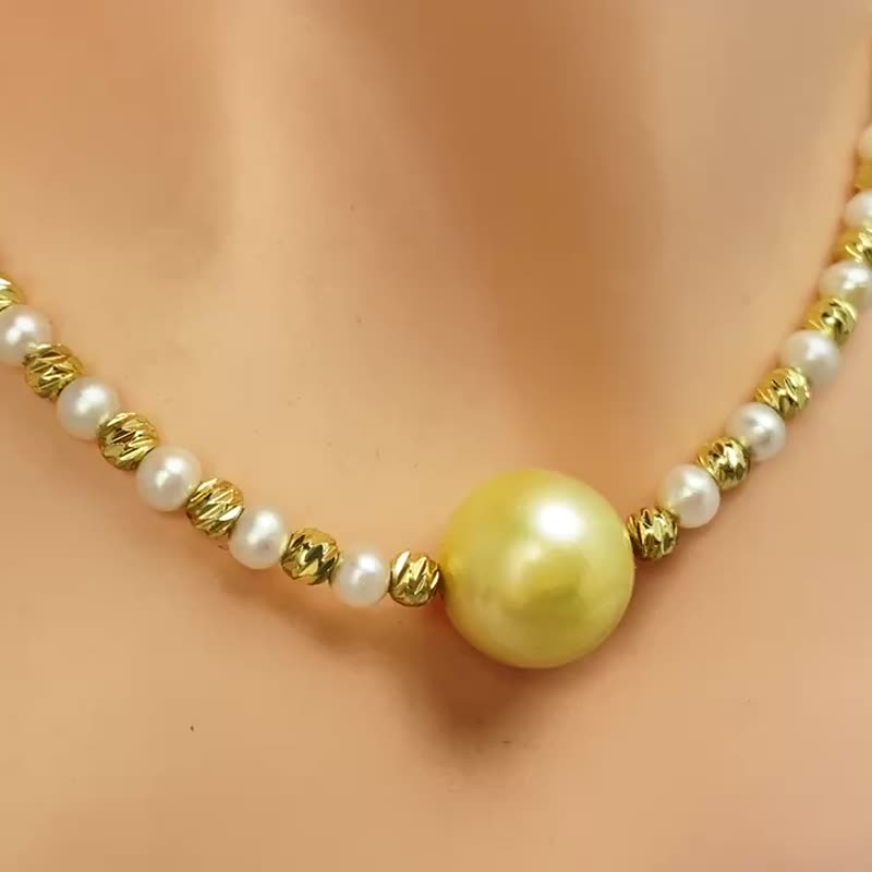 金色光芒 天然海水珍珠 菲律宾金珠 香槟金色 纯银 项链/毛衣链 - 项链 - 珍珠 金色