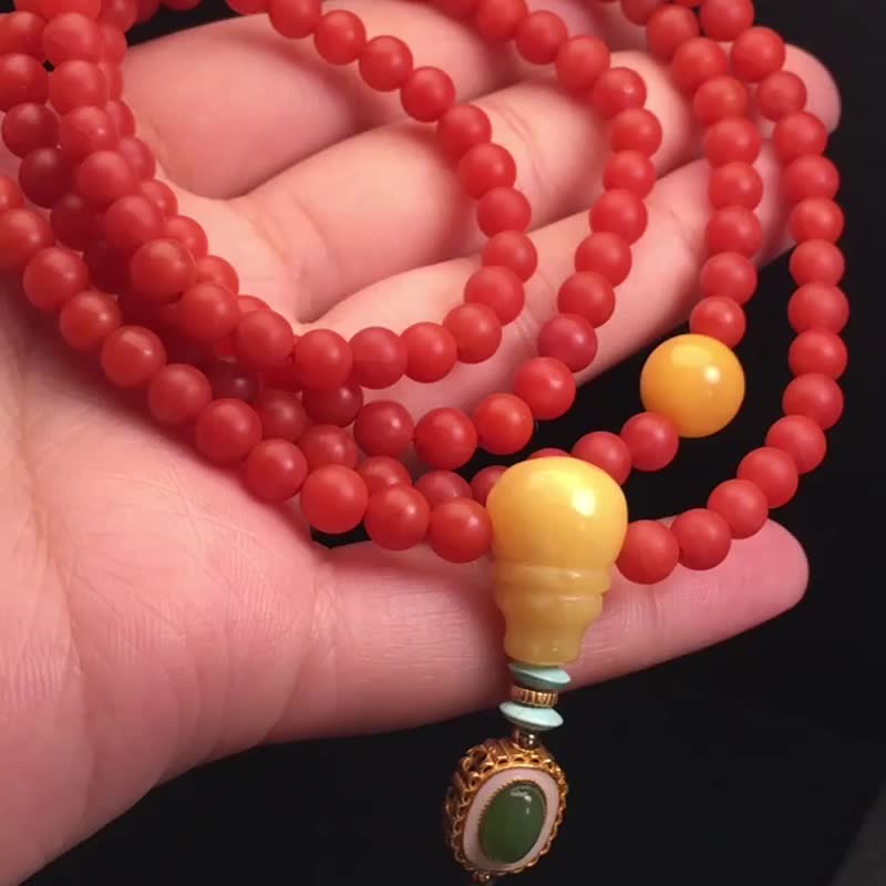 精品保山南红4圈手链 手链毛衣链两用款 搭配天然蜜蜡圆珠 - 手链/手环 - 水晶 