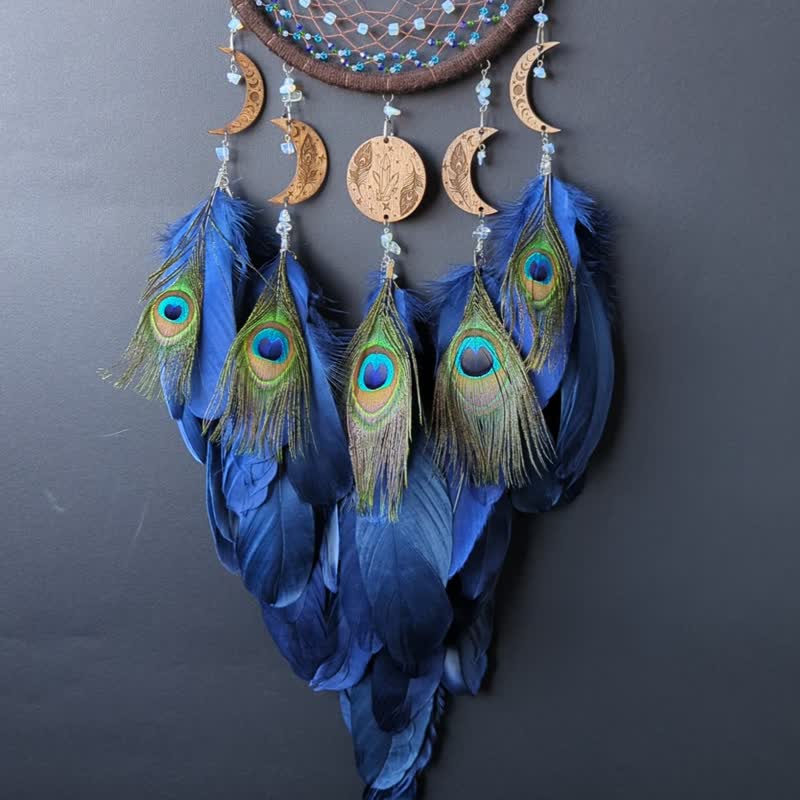 Navy Blue Dream Catcher with Peacock | Lunar with Moon Phases  เครื่องดักฝัน - 墙贴/壁贴 - 玻璃 蓝色