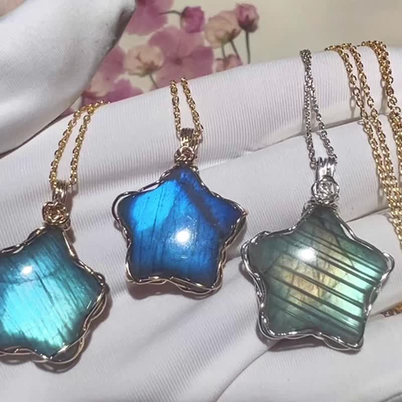 纯手工纯银绕线彩色拉长石星星玫瑰花吊坠 - 项链 - 宝石 多色