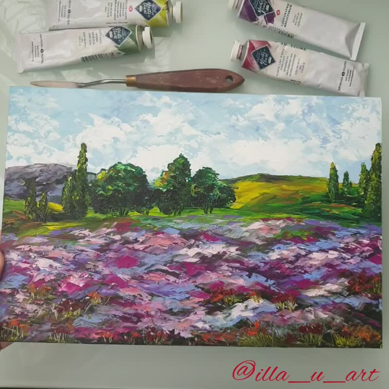 Landscape Painting Lavender Original Art Fields Wall Art Impasto Oil Painting - 海报/装饰画/版画 - 其他材质 多色