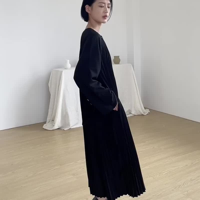 黑色 流动的盛宴 重磅压皱风琴百褶洋装 显瘦连身裙衬衫外套 - 洋装/连衣裙 - 聚酯纤维 黑色