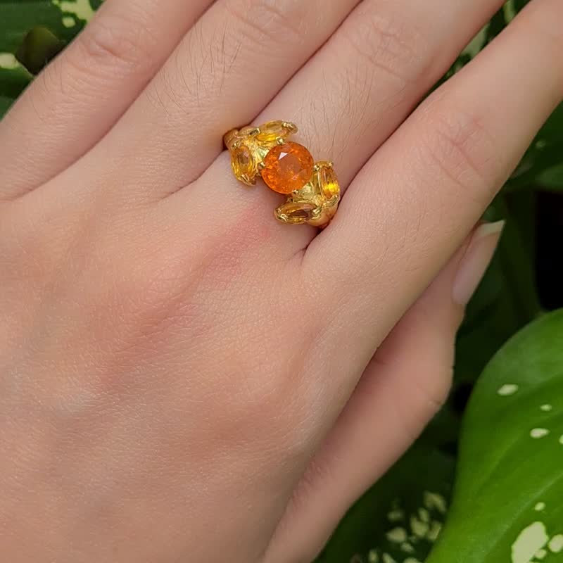 锰铝榴石配黄色蓝宝石925银镀金戒指 - 戒指 - 宝石 橘色