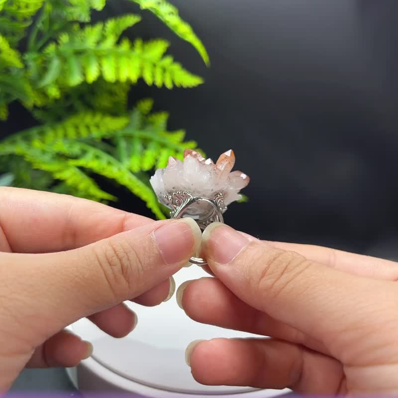红水晶共生黄铜矿活口戒指 随形原石标本晶簇晶柱手工指环 S925银 - 戒指 - 水晶 