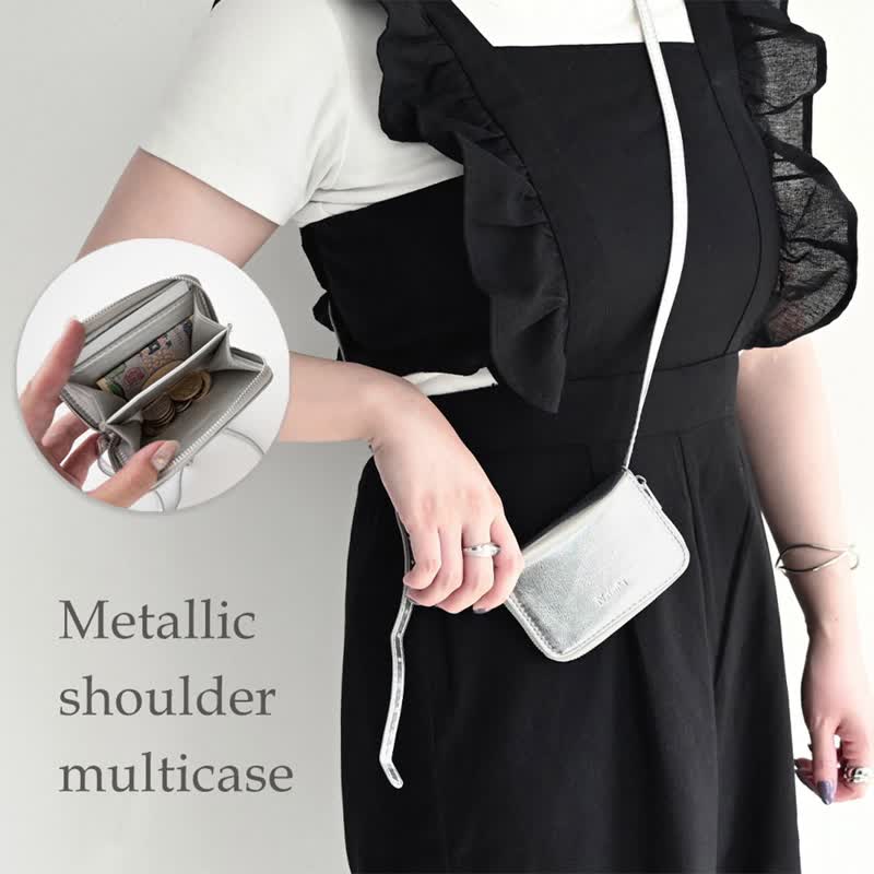 刻印文字 【 金属色肩带多功能收纳包 】 零钱包 信用卡夹 小皮夹 迷你钱包 HE30U - 化妆包/杂物包 - 真皮 金色