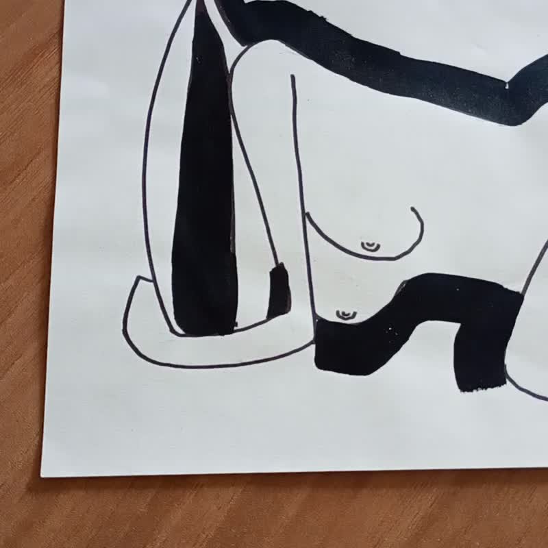 立体主义斜倚美术裸体女人黑白情色绘画艺术品 - 海报/装饰画/版画 - 纸 白色