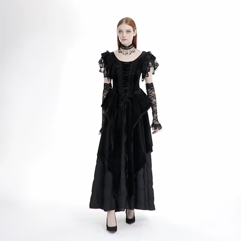 北欧女巫古典丝绒尖形礼服 / 连身裙 / 附蕾丝手套 - 晚装/礼服 - 其他材质 黑色