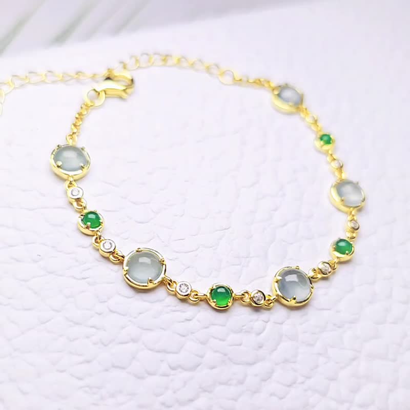 招财|仙气蓝刚|A货翡翠冰玻淡蓝刚阳绿蛋面纯银多颗手链 - 手链/手环 - 玉石 