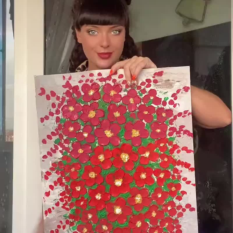 雏菊画花原画花画野花艺术雏菊花农舍花丙烯酸Impasto画18.2由27 - 海报/装饰画/版画 - 其他材质 红色