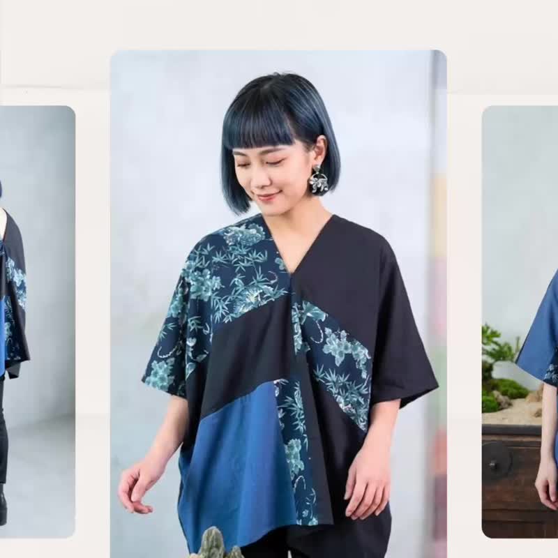 透气宽版设计不对称蓝黑拼接松竹虎中性四角衣罩衫 - 女装衬衫 - 棉 蓝色
