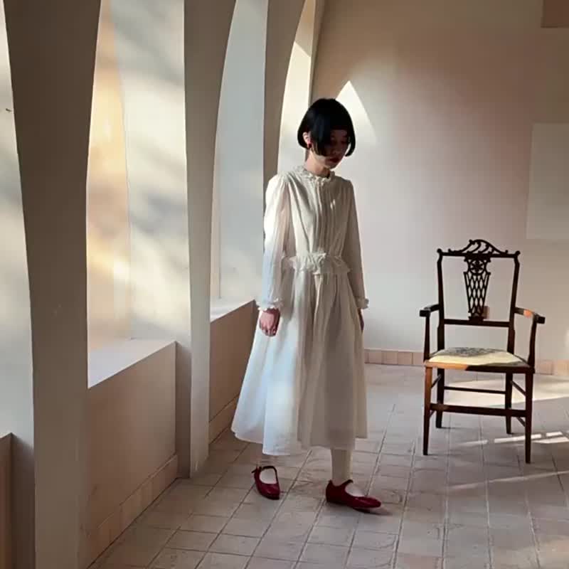 白色 文藝復古洋裝 女立領花邊長裙 系帶小白裙連身裙 - 洋装/连衣裙 - 棉 白色