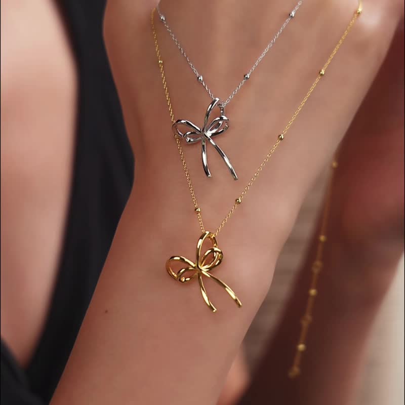 立体蝴蝶结项链 - 项链 - 纯银 金色