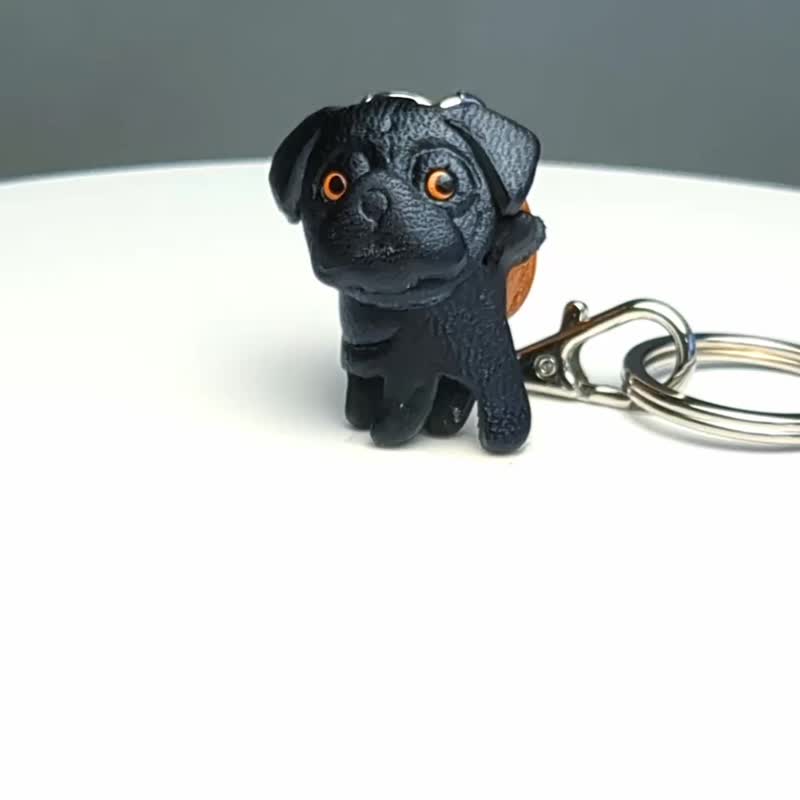 黑巴哥 犬 皮革钥匙圈 皮革钥匙环 牵绳吊饰 手作 日本制 VANCA - 钥匙链/钥匙包 - 真皮 黑色